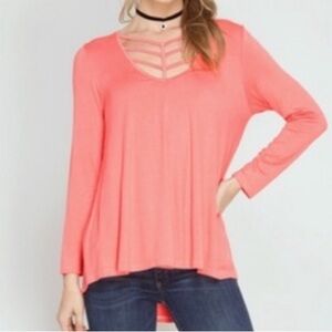 Women’s Large 
She + Sky 3/4 Sleeve Top Front Criss/Cross Detail Boho Loose Fit